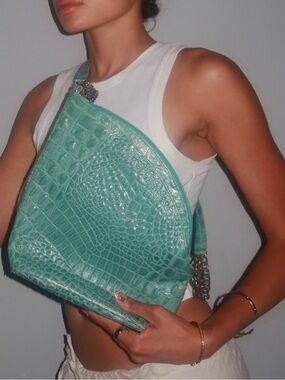 Vintage Teal Croc Chain Shoulder Bag